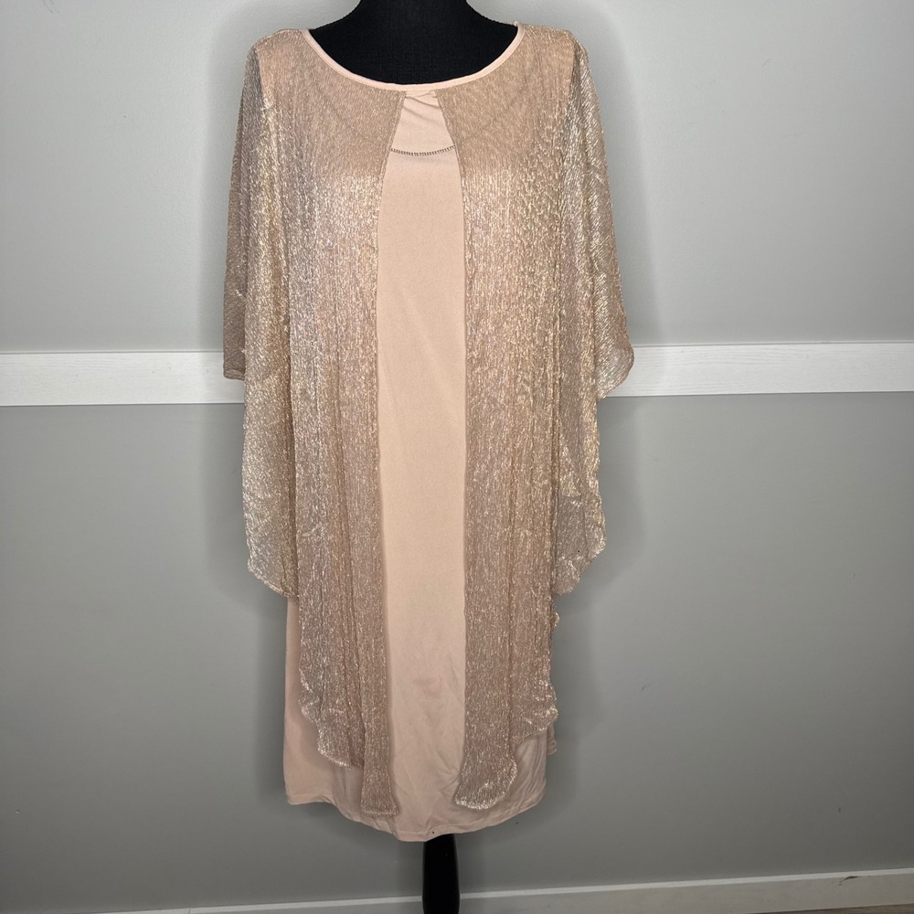 Glamour Nights Metallic Capelet Sheath Dress Rose Gold Pink Size 16‎